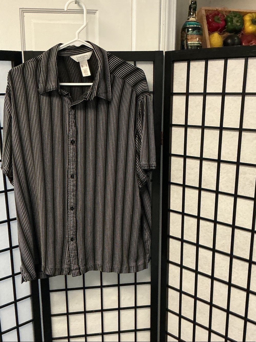 Men’s Short-Sleeve Vertical Stripe Button-Down Shirt in Black & White